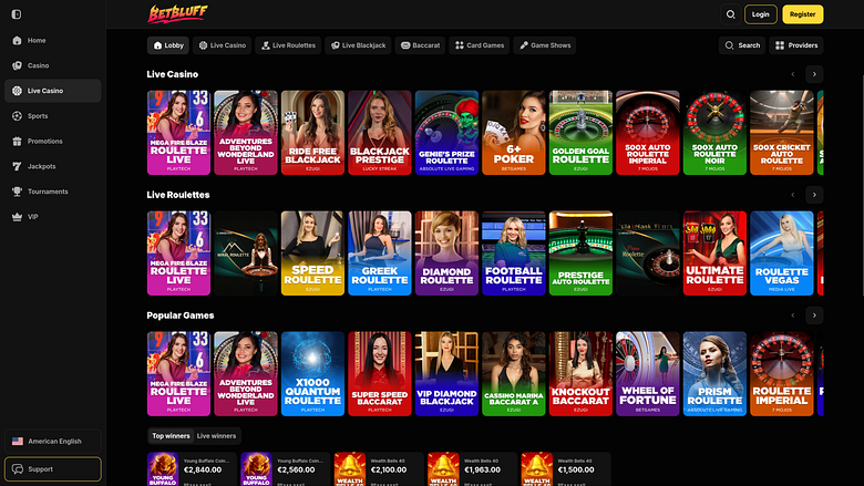 Casinò BetBluff Desktop con croupier dal vivo