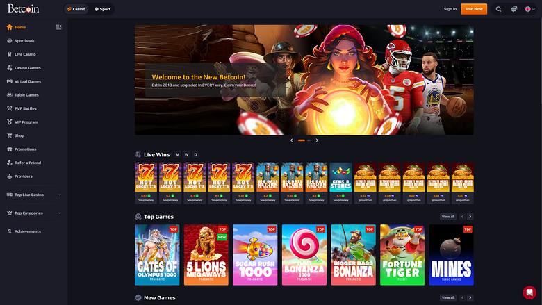 Página de inicio de escritorio de Betcoin Casino