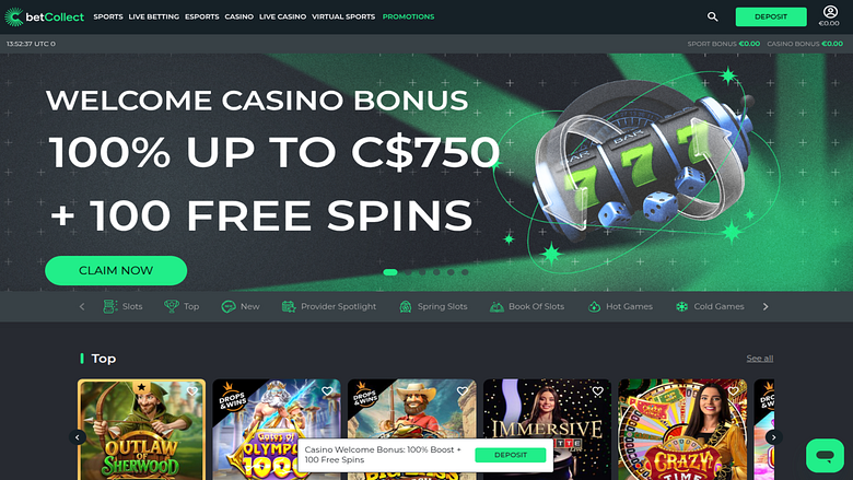 Página de inicio de escritorio del casino Betcollect