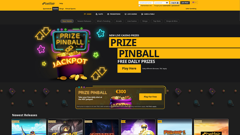 Page d'accueil du casino Betfair pour ordinateur