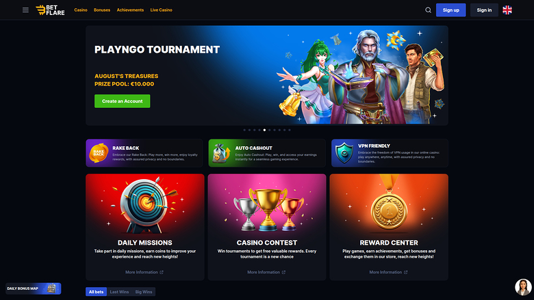 Betflare Casino Desktop Homepage