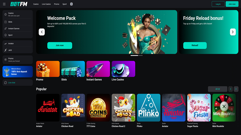 Homepage of Betfm Casino for Desktop