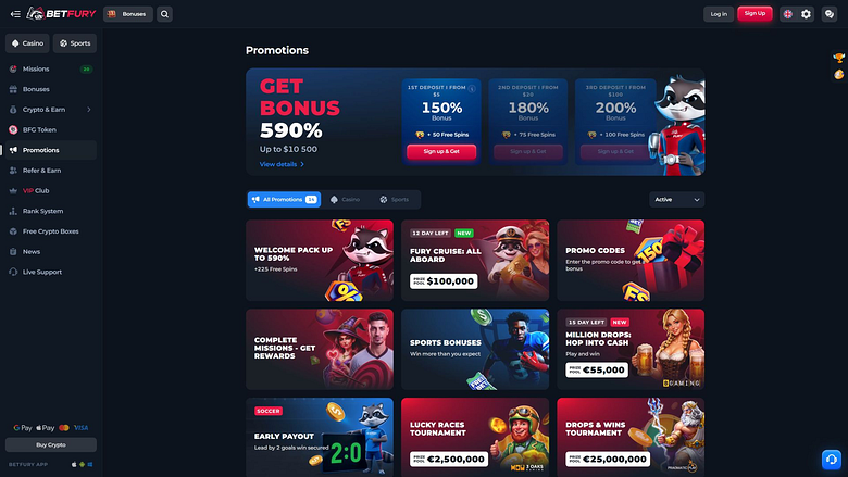 Акции казино BetFury для настольных компьютеров