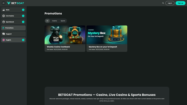 BetGoat Casino Promotions Desktop