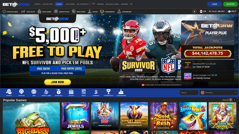 Page d'accueil sur ordinateur de BetGrw Casino