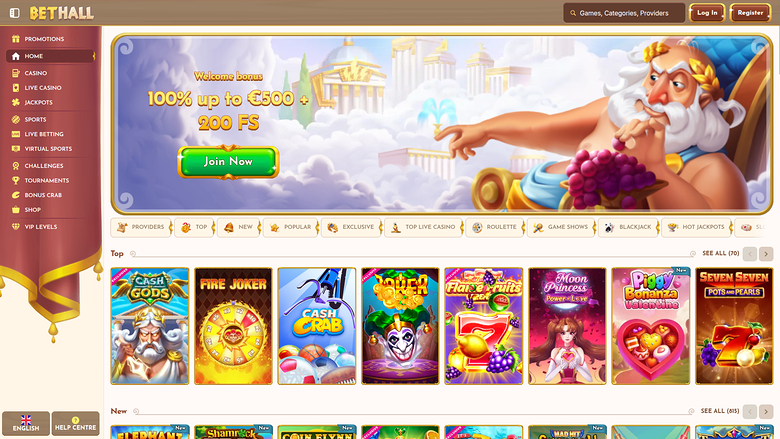 Homepage desktop di BetHall Casino