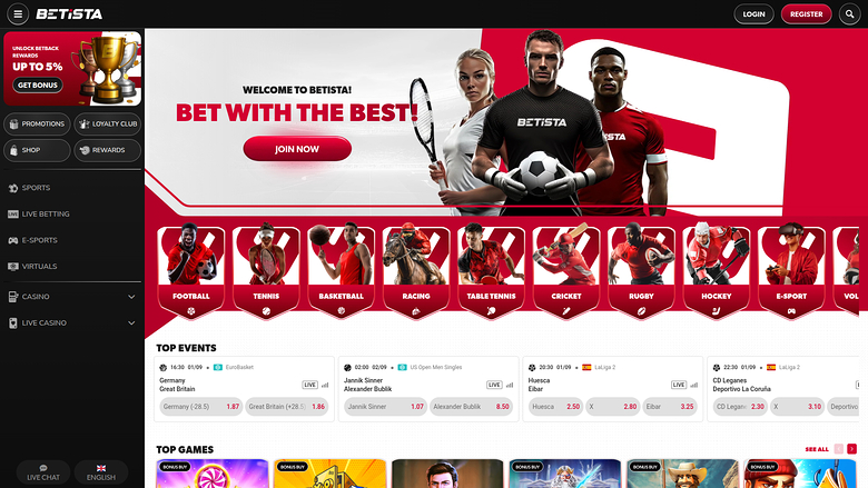 Página de inicio de escritorio de Betista Casino