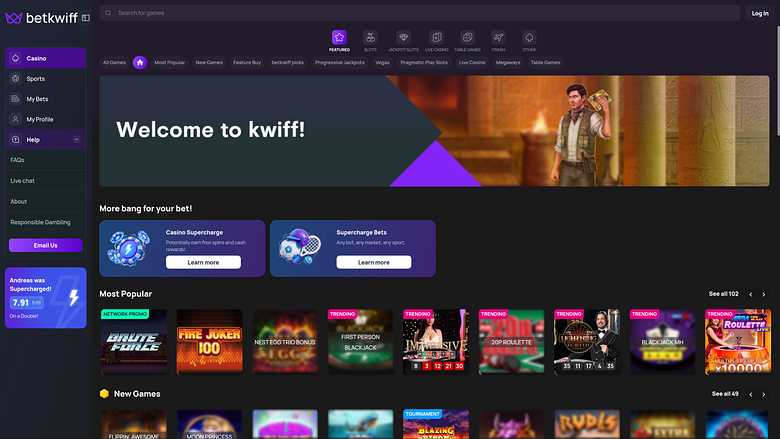 BetKwiffカジノのデスクトップ版ホームページ