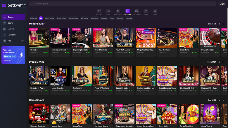 BetKwiffカジノ デスクトップ版ライブディーラー