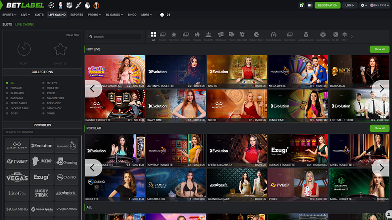 Casino BetLabel pour ordinateur avec croupier en direct