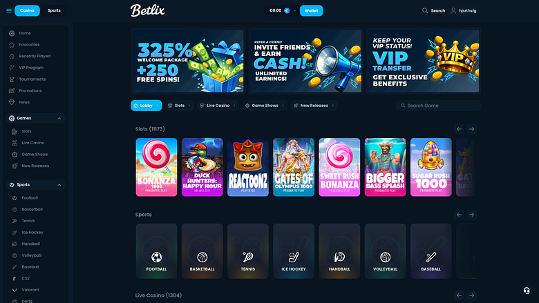 Page d'accueil du casino Betlix pour ordinateur