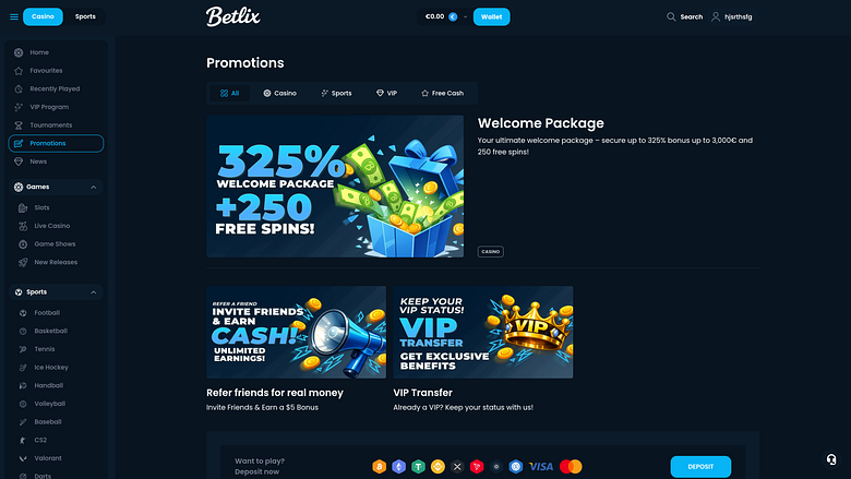 Promotions Betlix Casino sur ordinateur
