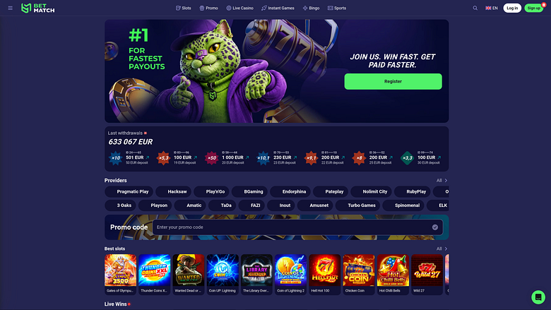 Page d'accueil du casino BetMatch pour ordinateur