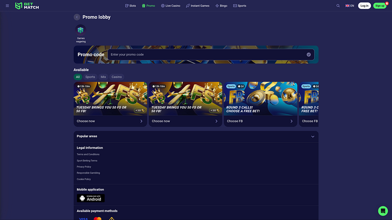 Promotions BetMatch Casino sur ordinateur