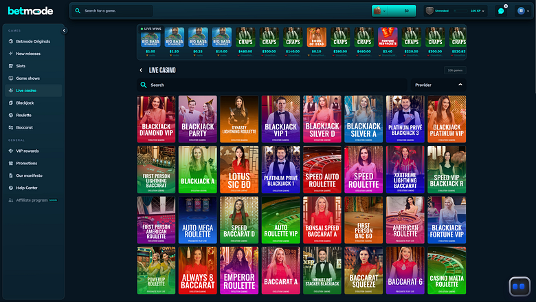 BetMode Casino Desktop Live Dealer