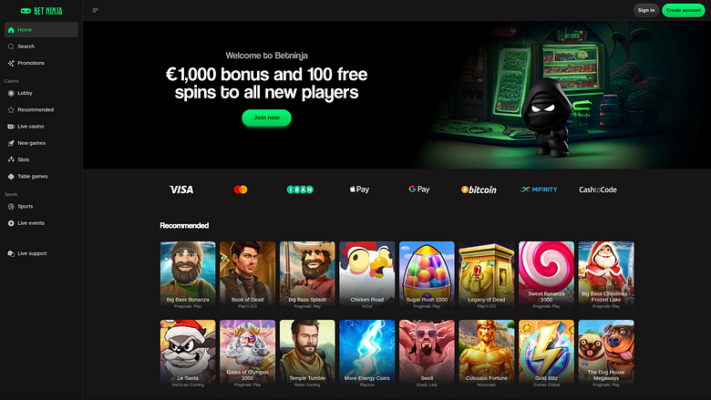Домашняя страница казино Betninja для рабочего стола