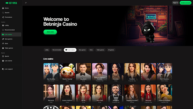 Казино Betninja Desktop с живым дилером