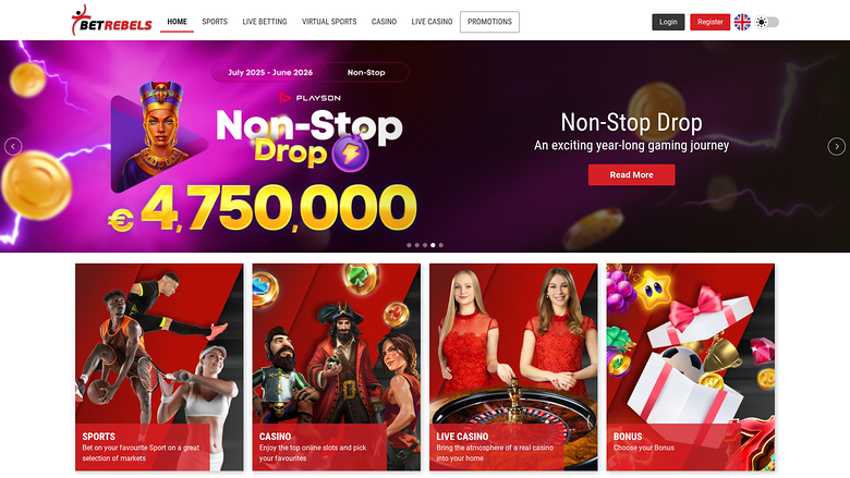 Page d'accueil de bureau de BetRebels Casino