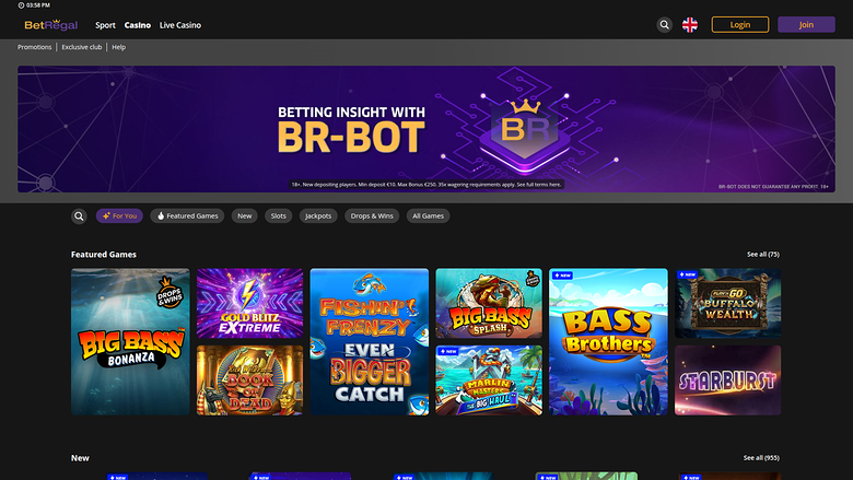 Homepage desktop di BetRegal Casino