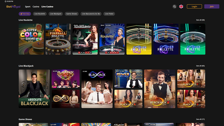 Live dealer desktop di BetRegal Casino