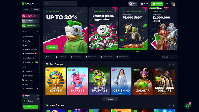 Pagina iniziale desktop del casinò Bets.io