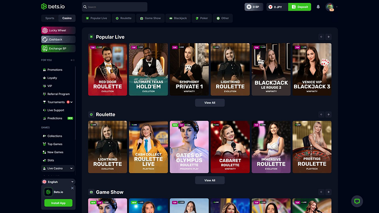 Casinò Bets.io per desktop con croupier dal vivo