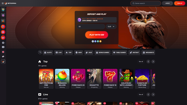 Betsomnia Desktop-Startseite