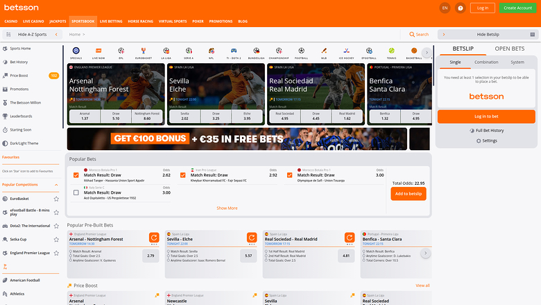 Sports sur ordinateur de Betsson Casino
