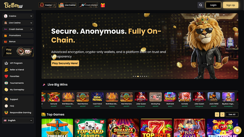 Главная страница казино Betterwin для настольных компьютеров