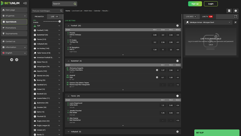 Deportes de escritorio de Betunlim Casino
