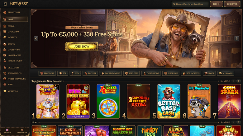 Page d'accueil du casino Betwest pour ordinateur