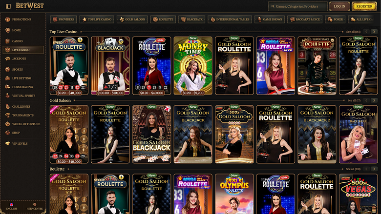 Casino Betwest pour ordinateur avec croupier en direct