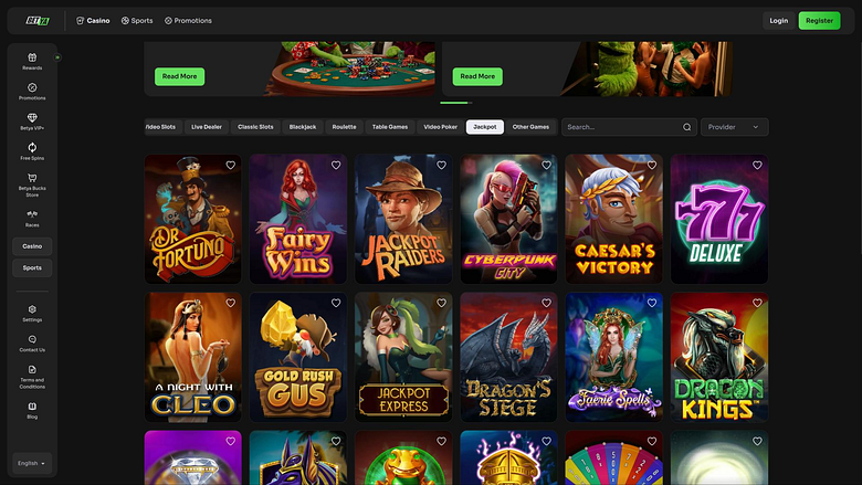 page du jackpot du casino Betya