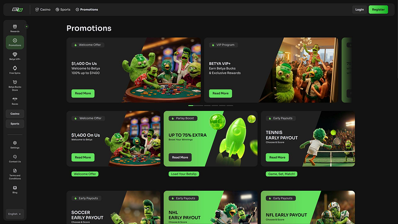 page des promotions du casino Betya