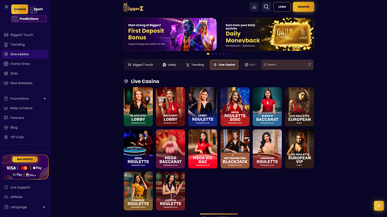 Screenshot del casinò Biggerz per desktop con croupier dal vivo.