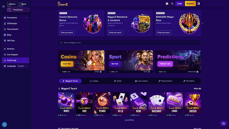 Página de inicio de escritorio de Biggerz Casino