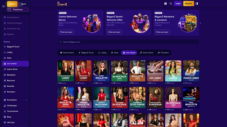 Casino Biggerz para escritorio con crupier en vivo