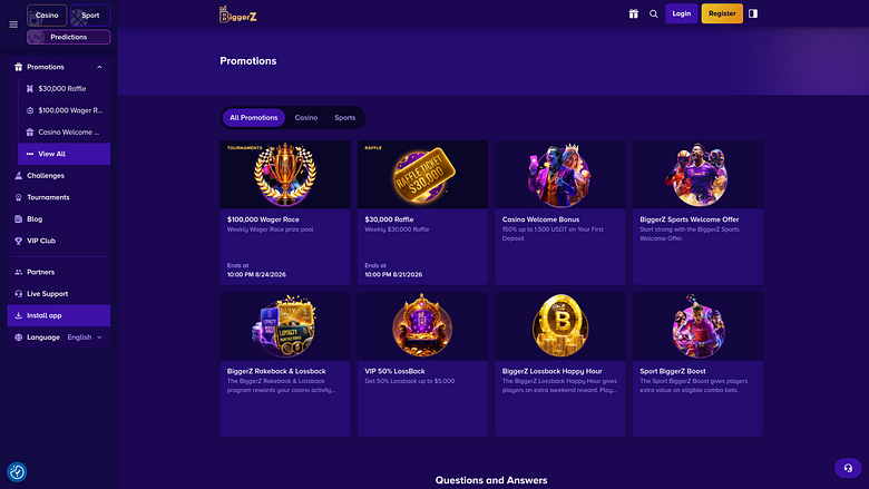 Promociones de Biggerz Casino para ordenador