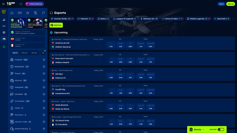 Esports sur bureau de BillionaireSpin Casino