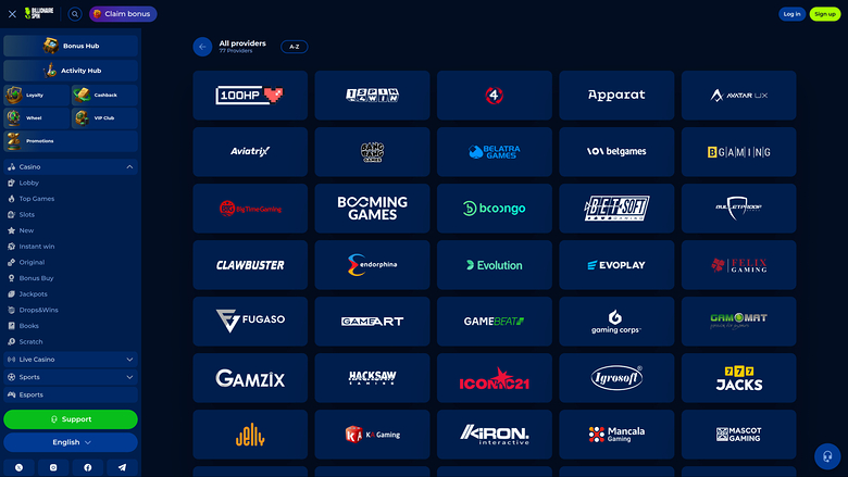 Développeurs de jeux sur bureau de BillionaireSpin Casino