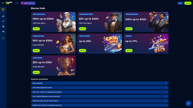 Promotions de bureau de BillionaireSpin Casino