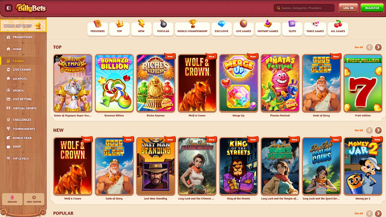 Capture d'écran de la page Jeux du casino BillyBets
