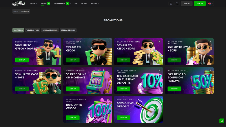 Promotions de bureau de Billy Billion Casino