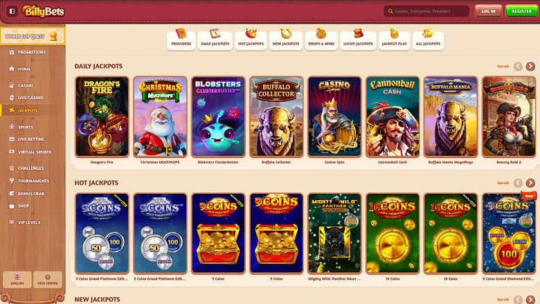 Capture d'écran de la page Jackpot du casino BillyBets