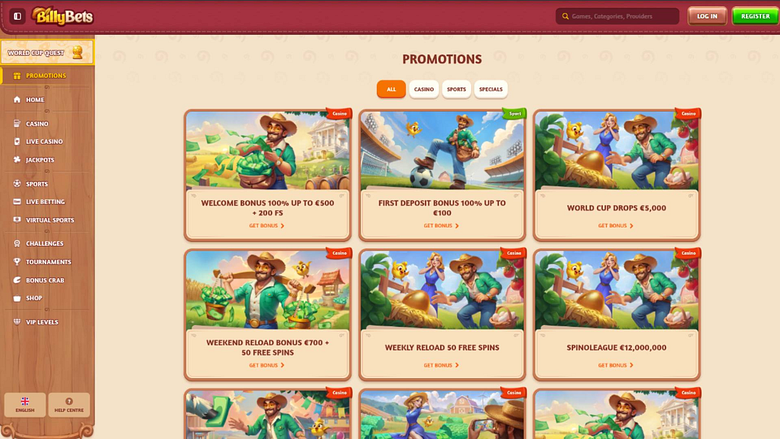 Capture d'écran de la page Promotions du casino BillyBets