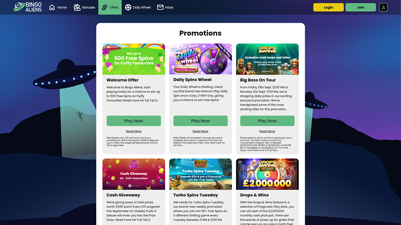 Promotions de Bingo Aliens Casino sur ordinateur