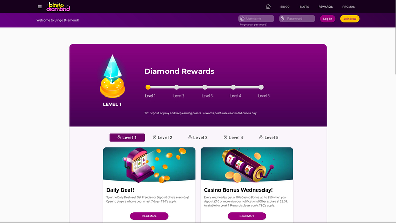 Ricompense desktop di Bingo Diamond Casino