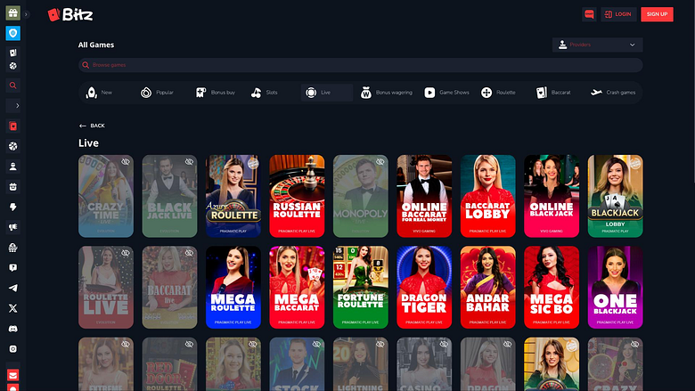 Página de crupier en vivo del casino Bitz.io