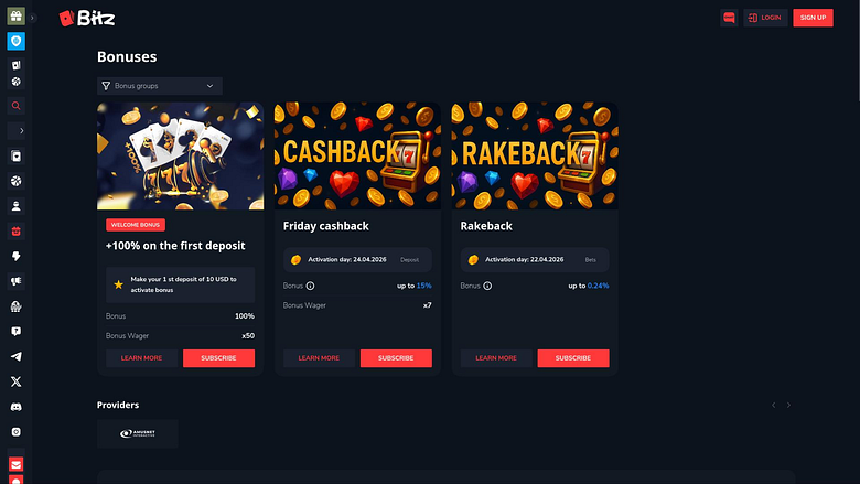 Página de promociones del casino Bitz.io