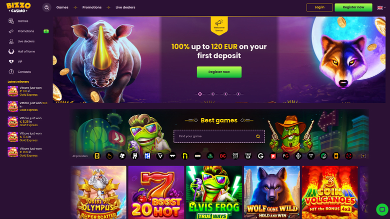 Page d'accueil de Bizzo Casino sur ordinateur